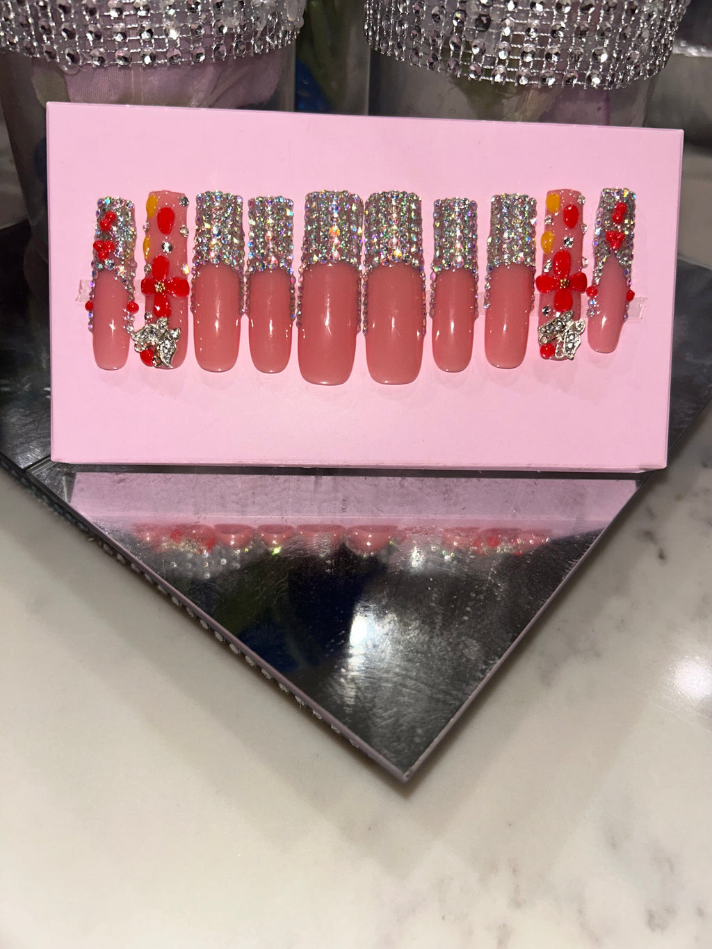 Handmade acrylic natural pink silver stone French press on nails XL