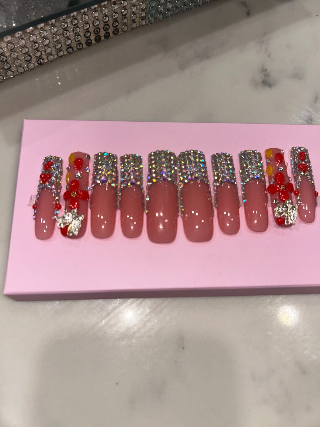 Handmade acrylic natural pink silver stone French press on nails XL