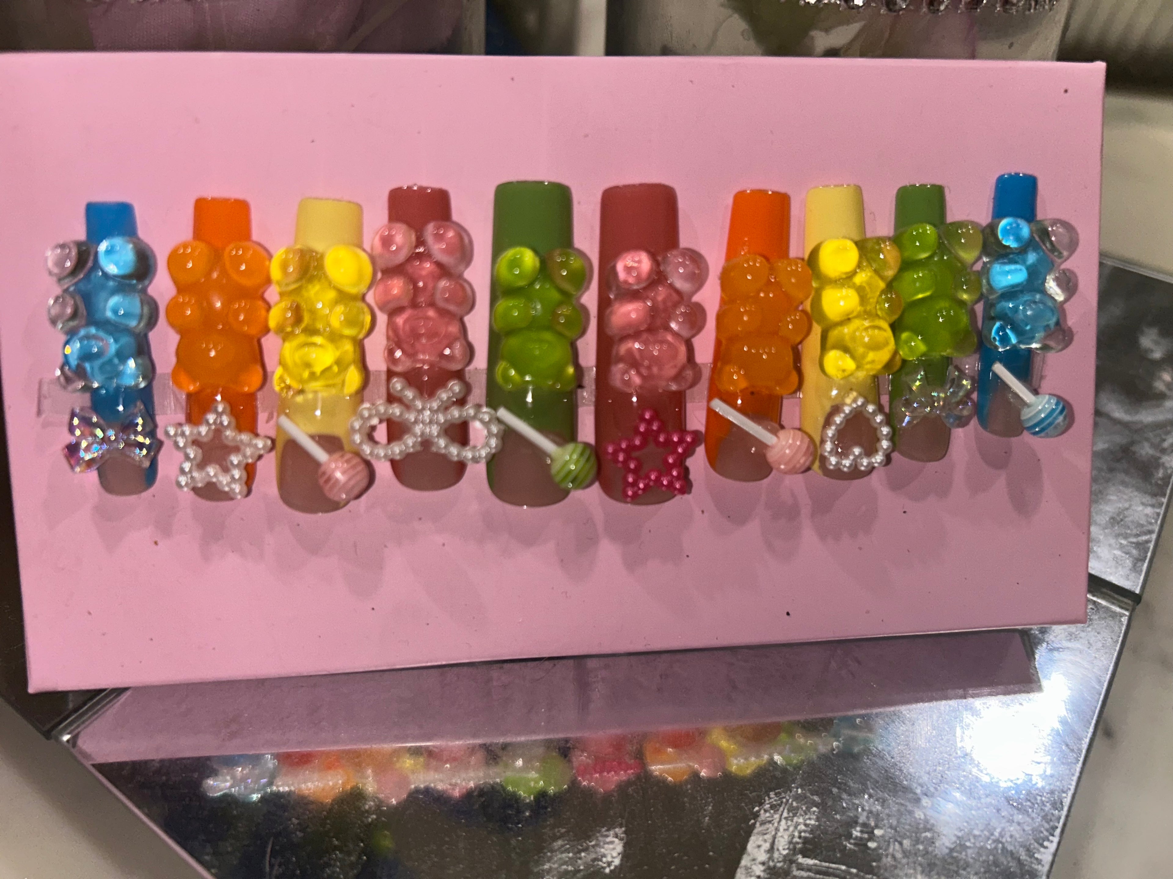 Handmade acrylic press on gummy bear multi color nails XL