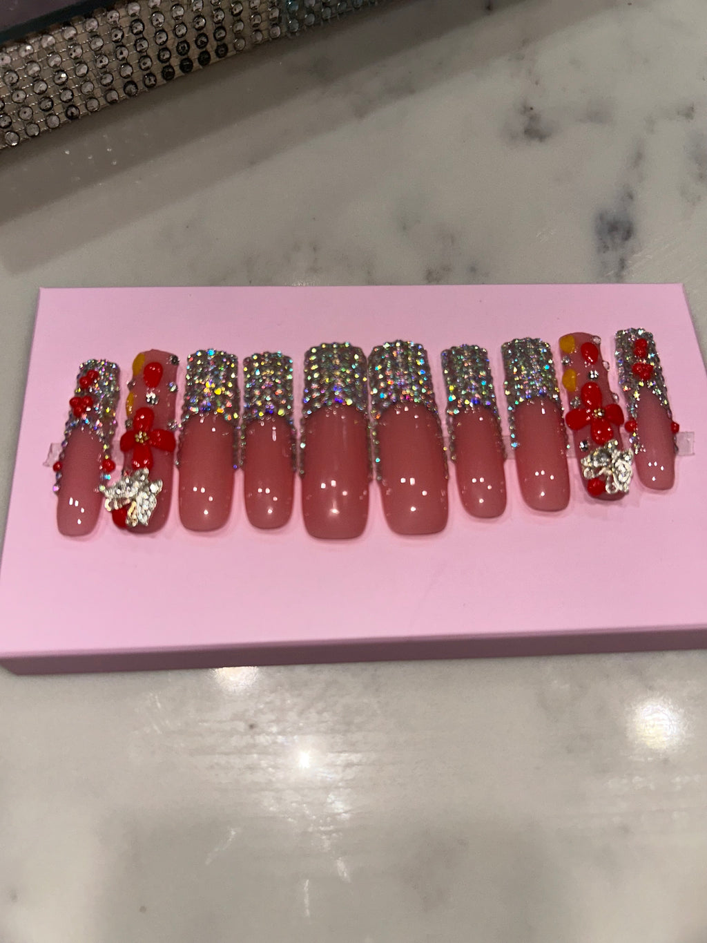 Handmade acrylic natural pink silver stone French press on nails XL