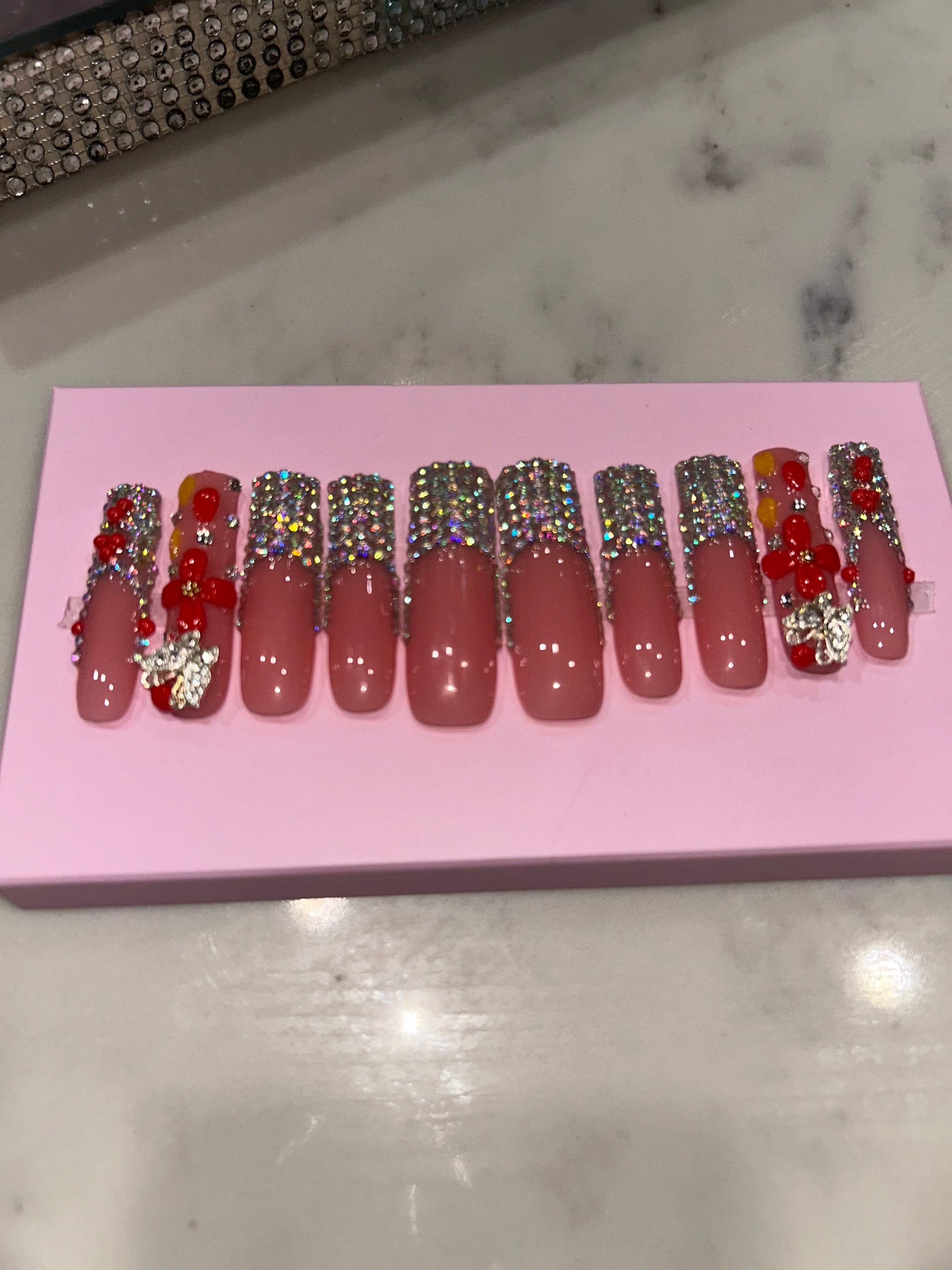 Handmade acrylic natural pink silver stone French press on nails XL