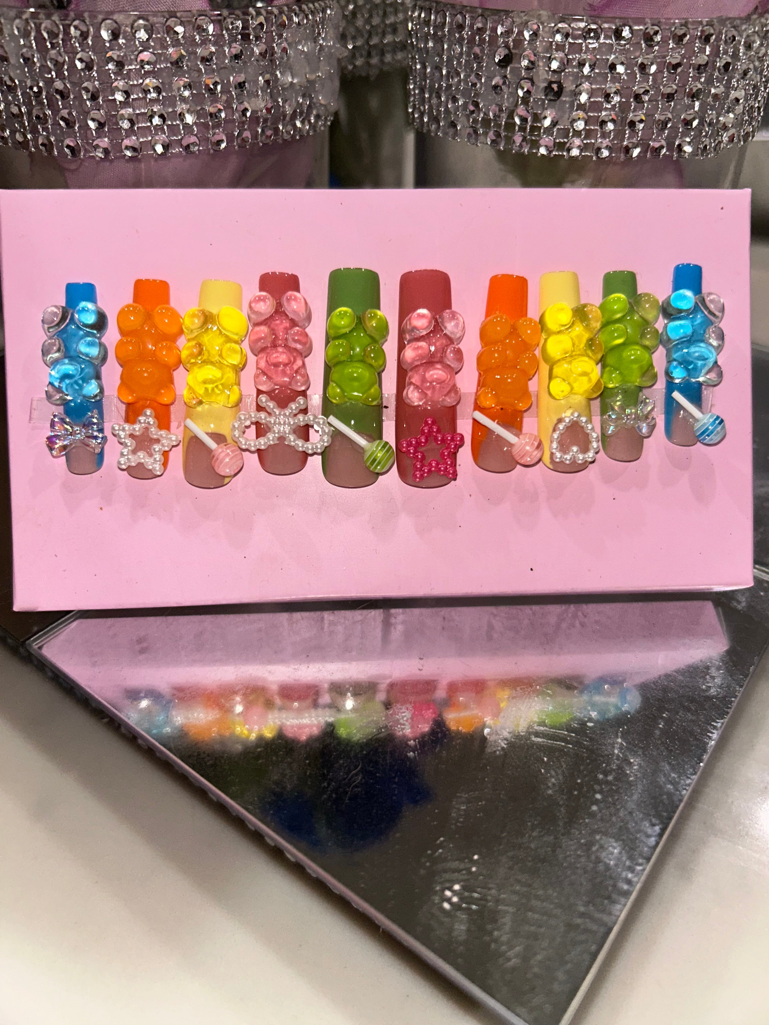 Handmade acrylic press on gummy bear multi color nails XL