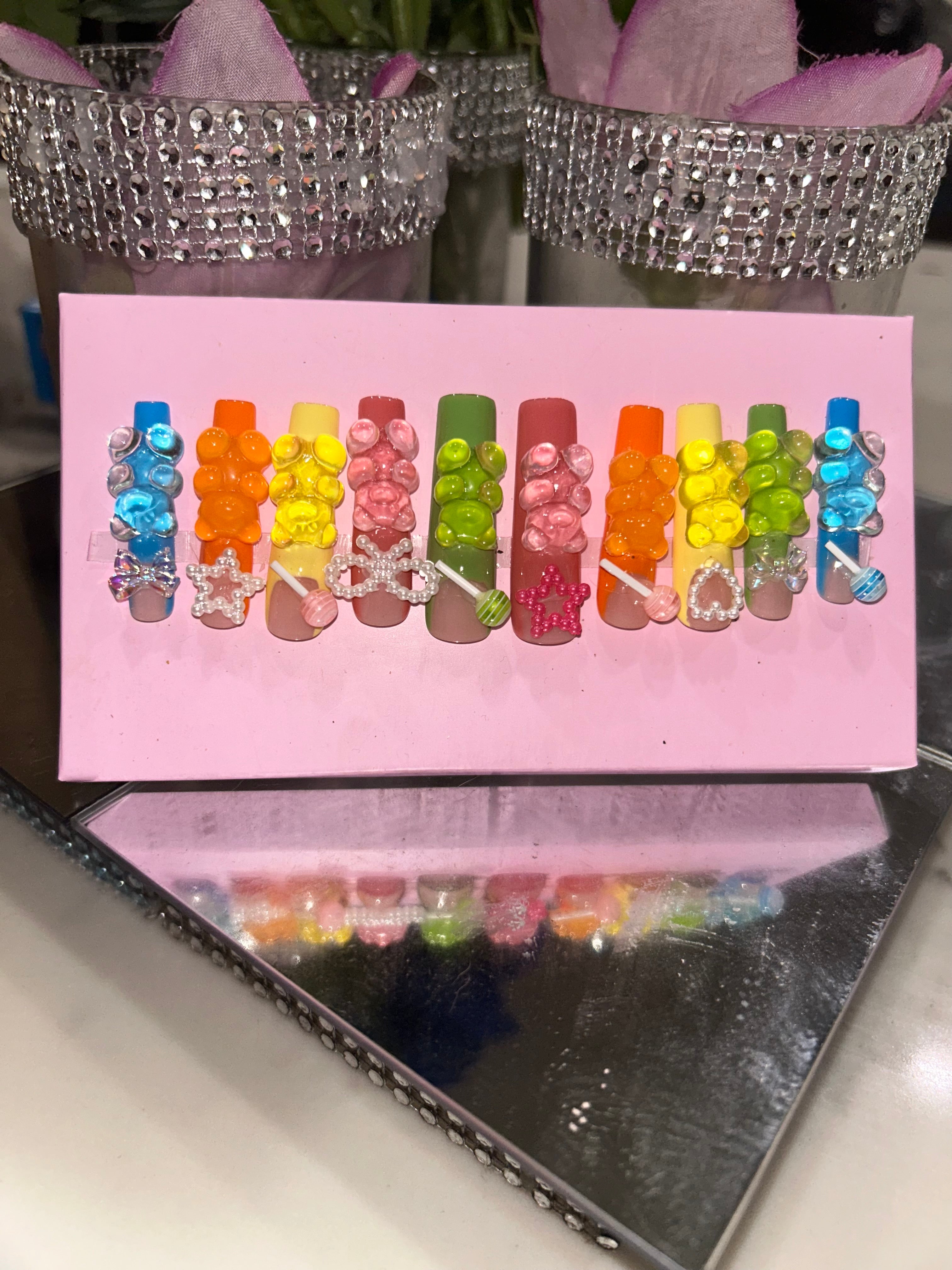 Handmade acrylic press on gummy bear multi color nails XL
