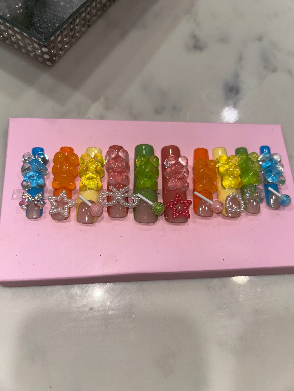 Handmade acrylic press on gummy bear multi color nails XL