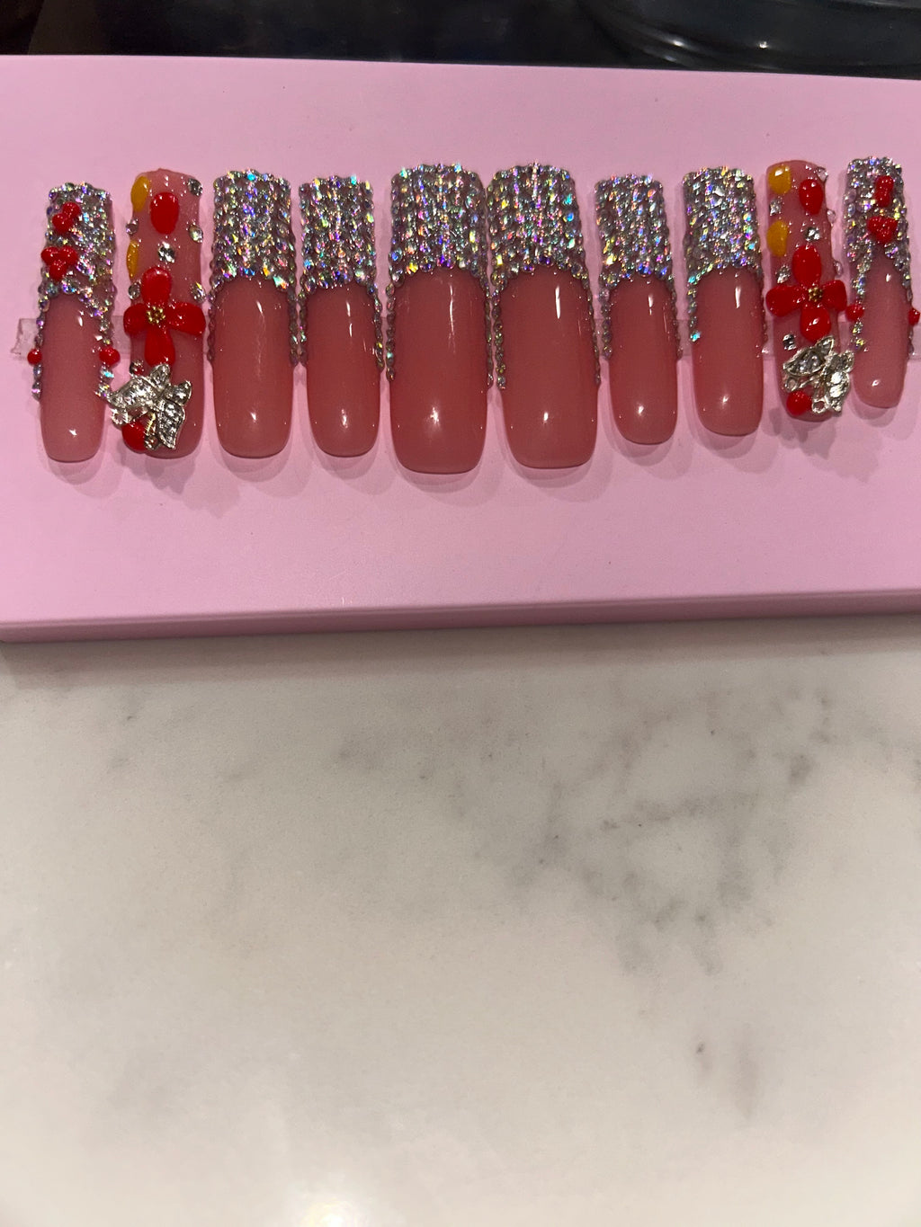 Handmade acrylic natural pink silver stone French press on nails XL