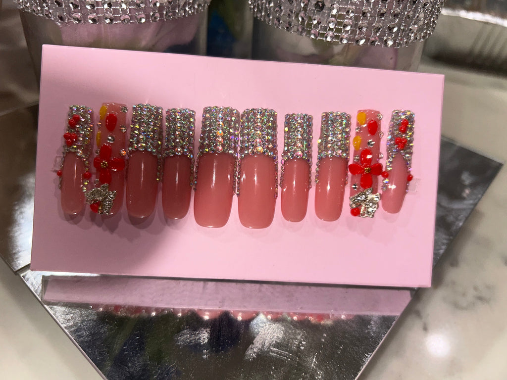 Handmade acrylic natural pink silver stone French press on nails XL