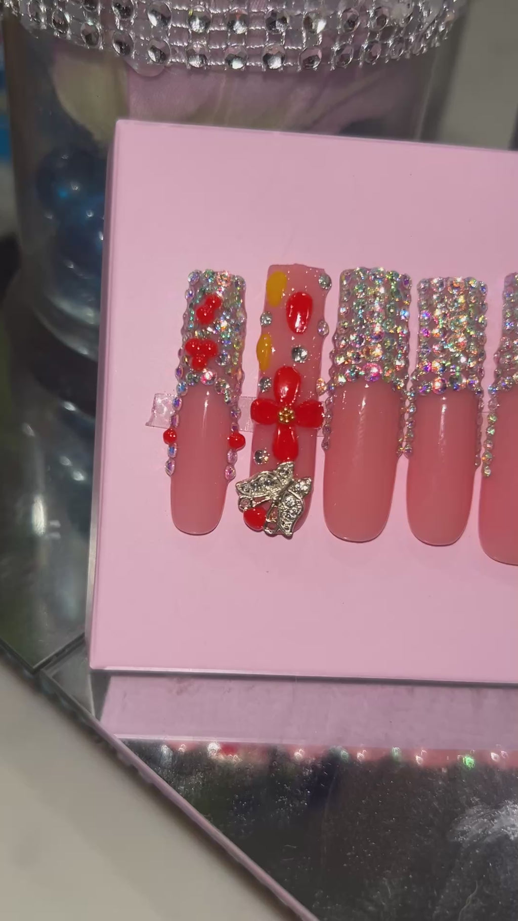 Handmade acrylic natural pink silver stone French press on nails XL